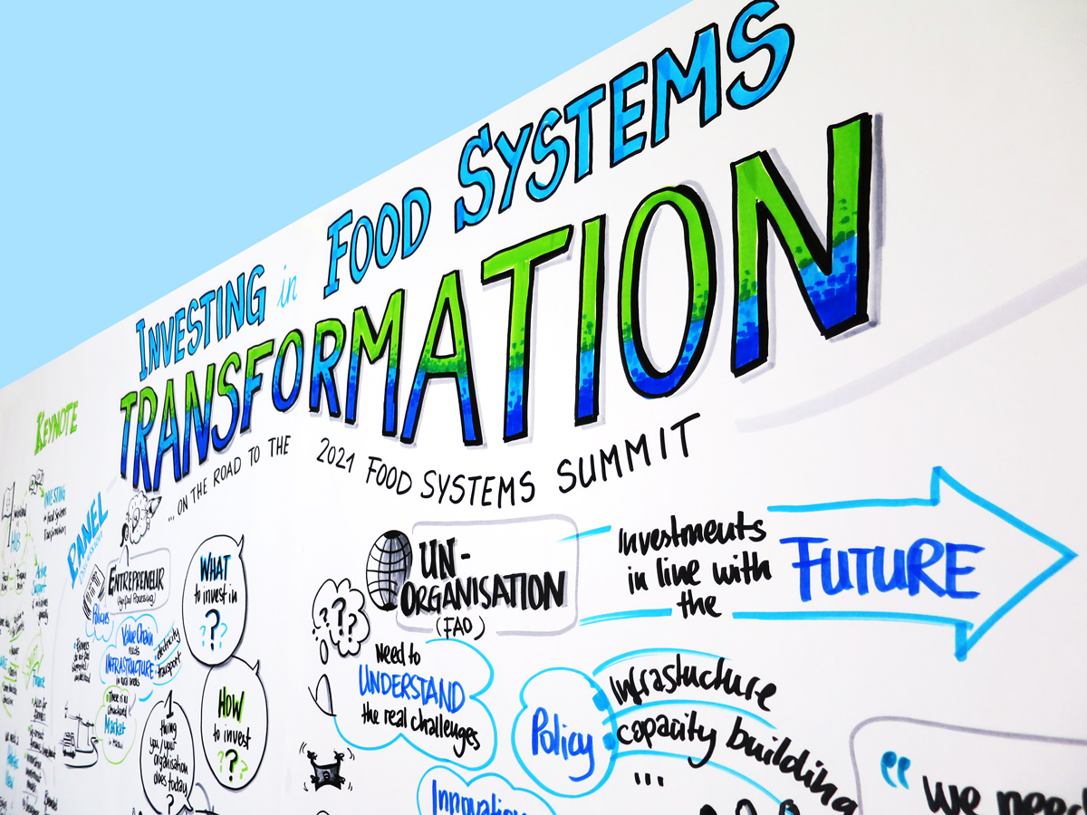 Detail of graphic recording of the panel discussion on 'Investing in Food Systmes Transformation' during the World Economic Forum 2020