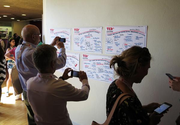 People take pictures of the visual summaries at TEDx Lausanne